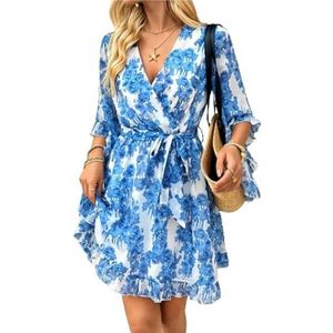 CupitiDU Dames Boho Bloemen Gedrukt Chiffon Jurken, Casual Zomer V-hals Chiffon Lange Boerenmouwen Vloeiende Orset Jurk, Wit-blauw, XL