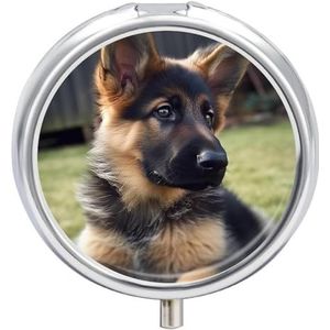 Duitse herder puppy pillendoos 3 compartimenten ronde pillendoos met spiegel metalen pillenorganizer reizen pillendoos mini geneeskunde opbergdoos voor zak portemonnee