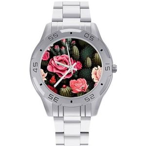 Rozen En Cactus Gedrukt Mannen Zakelijke Horloges Legering Analoge Quartz Horloge Mode Horloges