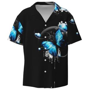 TyEdee Blauwe vlinderprint heren korte mouw overhemden met zak casual button down shirts business shirt, Zwart, M