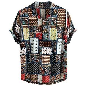 Kanpola Heren linnen viscose overhemd met patroon korte mouwen oversized shirt heren kleurrijke herenoverhemden casual losse 3D-print zomeroverhemden Kent kraag Hawaïhemd, blauw, M