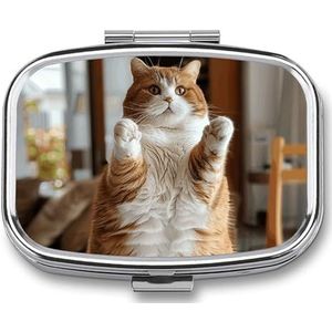 Vierkante pillendoos draagbare metalen pillenetui 2 compartimenten kleine reizen pillenorganisator schattige extreem dikke kat vitamines houder organizer voor portemonnee zak