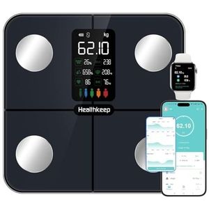 Healthkeep Weegschaal voor personen met lichaamsvet en spiermassa, lichaamsvetweegschaal met display, personenweegschaal met 15 lichaamsgegevens, meetwaarden (hartslag, BMI), digitale testwinnaar met