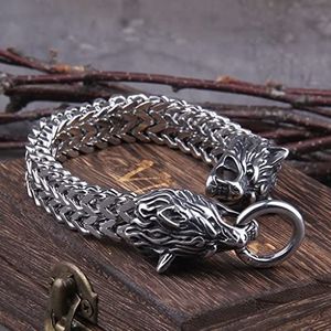 Franco Schakelketting Armband, Noorse Viking Odin's Wolf Hoofd Polsband Manchet, Roestvrijstalen Biker Amulet-Sieraden (Color : Silver, Size : 8.25 Inches)