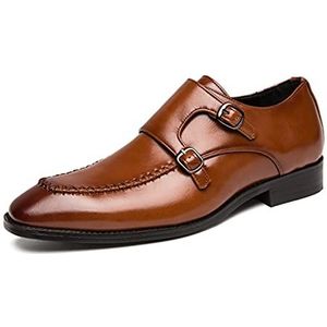 Formele Oxford-schoenen for heren Slip-on monniksband Schort Teen Vierkante neus PU-leer Rubberen zool Antislip Blokhak Casual (Color : Brown, Size : 40 EU)