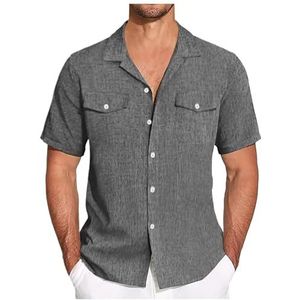 UBOHUZ Heren shirt met korte mouwen linnen korte mouwen button down shirt casual strand shirts vakantie eenvoudige casual slim fit shirts voor vrije tijd, Donkergrijs, 3XL