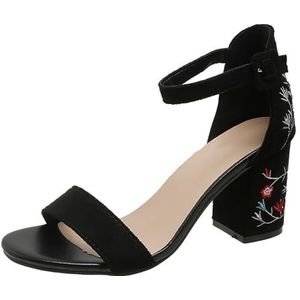 Retro Sandalen Met Bloemenborduurwerk Elegante Damessandalen Met Blokhak Suède Sandalen Met Gesp 2024 Nieuwe Bruids Hoge Hakken Peep Toe Avondschoenen Vrijetijds Boho Strandschoenen (Color : Black,