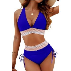 Bikinisets met hoge taille for dames, tweedelig badpak met trekkoord, badpakken met buikcorrectie, badpakken for op het strand(Royal blue,4XL)