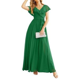 Chiffon bruidsmeisjesjurk met vleermuismouwen, lang, met zakken, V-hals, geplooid, formele jurk voor moeder van de bruid, Groen, 42