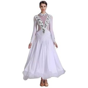 TJDWPRRD Balzaal Dansjurken Voor Vrouwen Professioneel Waltz Tango Concurrentie Kostuum Nationale Standaard Dans Outfit Glanzend Foxtrot Flamenco Prestatie Danskleding,Wit,L