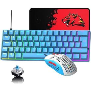 Bedraad gamingtoetsenbord met UK lay-out, muis en mouse bungee, 62 toetsen, compact (60%) mechanisch toetsenbord, 19 soorten regenboog-achtergrondverlichting, full anti-ghosting + lichtgewicht muis met 6 soorten RGB-achtergrondverlichting 6400 DPI (blauw/blauwe switch)