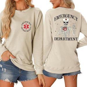 MLZHAN Spoedeisende Afdeling Op Voorzijde Print Vrouwen Halloween Sweatshirts Grappig Skelet Verpleegster Hoed Cup De Rug Print Shirt L, Beige), Beige, L