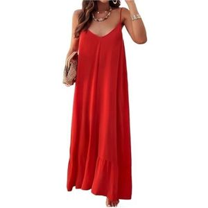 Zomerse maxi-jurk voor dames, casual, mouwloos, spaghettibandjes, lange strandjurk met zak, Rood, M