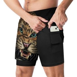 Growling Luipaard Kleur Grappige Zwembroek met Compressie Liner & Pocket Voor Mannen Board Zwemmen Sport Shorts