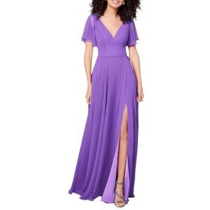 HPPEE Jurken voor dames, V-hals, bruidsmeisjesjurk met split, fladdermouwen, chiffon, formele avondjurk, zomerbruidsmeisje, Lavendel, 32