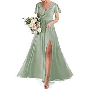 HPPEE Bruiloft bruidsmeisje jurk voor vrouwen dubbele V-hals korte mouwen formele avondjurk met split, Salie, 34