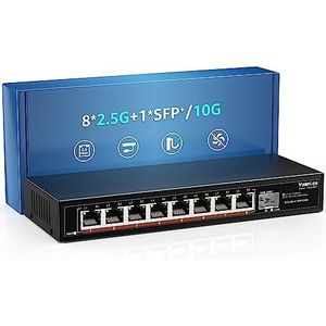 YuanLey 2,5G Be Ethernet Switch, 8 x 2,5G Poorten, 60 Gbps, 10G SFP, 100/1000/2500 Mbps Compatible, Ventilatorloze Metalen Constructie
