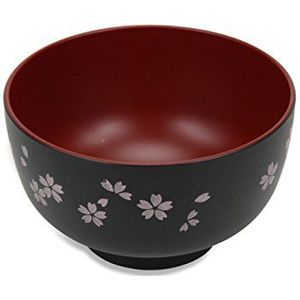 Japan Lak Rijstkom/Soepkom, 11cm, Floral Sakura design Zwart met Rood Interieur