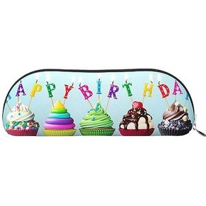 IguaTu Kleurrijke Happy Birthday Cupcakes Lederen Potlood Pouch - Cosmetische Tas met Gladde Rits - Muntzak - Kantoorbenodigdheden Organizer, Zilver, Eén maat, Schooltas