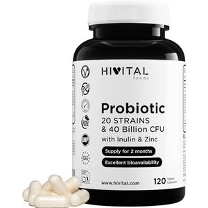 Probiotica 20 stammen 40 miljard CFU met Inuline en Zink. 120 veganistische capsules voor 2 maanden behandeling. Probiotica en Prebiotica. Gefabriceerd in Europa door HIVITAL
