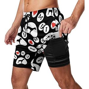 I Heart Love My Great Dane Zwembroek voor heren, sneldrogend, 2-in-1 strandsportshorts met compressieliner en zak