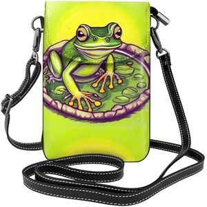 Kikker in een vijver lederen crossbody flip telefoontas met afneembare schouderbanden, gebruikt voor reizen, dating, vakantiegeschenken, Zwart, Eén maat