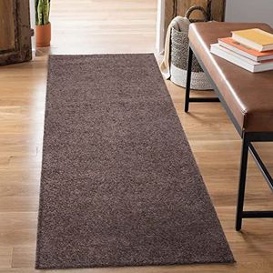carpet city Shaggy hoogpolig tapijt - loper 80x300 cm - bruin - langpolig gangtapijt - effen modern - pluizige zachte tapijten slaapkamer deco