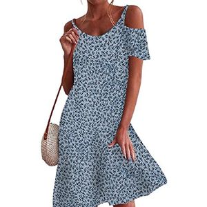 Boan Damesjurk, casual, bloemenpatroon, eenvoudige jurk, korte mouwen, ruches, voor strand, zomer, maat Plus - blauw - 46