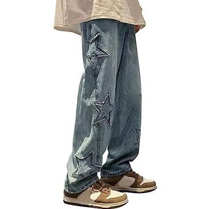 Sawmew Heren Hip Hop Baggy Jeans Jeans Broek Y2k Jeans Broek Losse Rechte Been Denim Broek Vintage Wijde Pijpen Broek Streetwear Jeans (Color : Blue, Size : S)