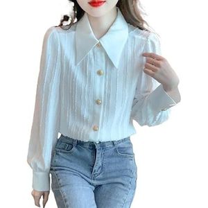 ROUZIHU Temperament Revers Witte Shirts voor Vrouwen Veelzijdige Lange Mouwen Tops Chiffon Vesten, 1 kleur, XXL