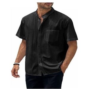 Linnen Henley-shirt For Heren, Casual Strandshirt Met Zakkraag En Tops Met Knoopsluiting(Noir,L)