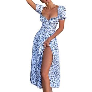 ERZU Elegante vintage jurk pofmouwen bloemen cottagecore off-shoulder midi-jurk met hoge split, een feestjurk, strandjurk, lange jurk, Blauw, S
