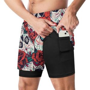 Suiker Schedels En Rode Rozen Grappige Zwembroek met Compressie Liner & Pocket Voor Mannen Board Zwemmen Sport Shorts