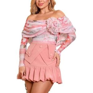 MLSHWUG Dames Zoet Stijl Off-Shoulder 3D Bloemenversiering Trui Met Ruches Zoom Rok 2-Delige Set,Roze,L