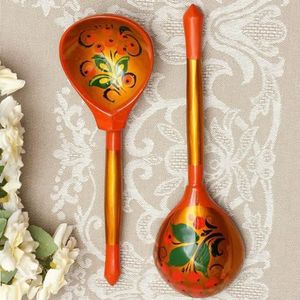 Traditionele Russische Khokhloma Lepel Set, Handgeschilderde Houten Lepels, Gouden Rode Decor, 7,5 Inch, Russisch Souvenir, Keuken Accessoires, Servies, Eetgerei, Set van 2