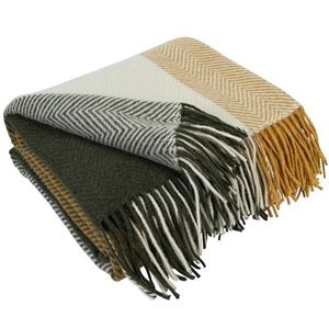 LYHome Merino Wollen Deken - Plaid Wol voor Sofa Bank & Bed, Merinowol Blanket Zachte Warme, Grote Sprei Merinowollen, Plaids Schapenwollen (140 x 200 cm, Groen - Mosterdgeel - Wit Chevron Vierkanten)