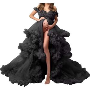 Tule gewaad zwangerschapsjurken voor fotoshoot lange bruiloft bruids zwangere kamerjassen grote maat, Zwart, 32