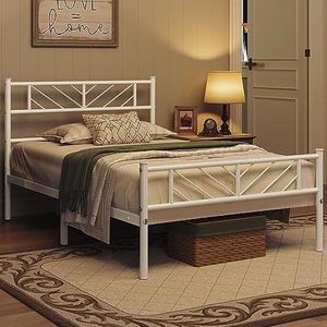 Yaheetech Bedframe, metaal, minimalistisch, met hoofdeinde, logeerbed, met lattenbodem, voor slaapkamer, logeerkamer, 32 cm hoog onder het bed, 90 x 190 cm, wit