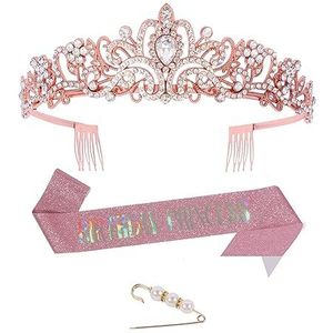 LMJUNZZ Rose gouden verjaardag sjerp kroon broche, vrouwen glitter verjaardag prinses schouderbanden en tiara met kam verjaardag prinses sjerp, meisjes verjaardag decoraties