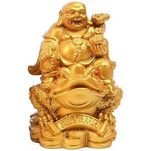 Lachende Boeddha Zit Op Geld Kikker Standbeeld voor Tafelblad Decoratie Gouden, Klein