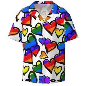 TyEdee Regenboog Gekleurde Gay Pride Harten Print Mannen Korte Mouw Jurk Shirts Met Zak Casual Button Down Shirts Business Shirt, Zwart, L