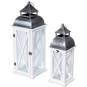 Set van 2 lantaarns van hout wit metaal kandelaar windlicht houten lantaarn decoratie vloerlantaarns tuinlantaarns landhuis decoratie