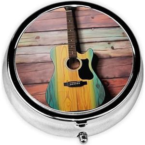 Leuke mooie gitaar draagbare pillendoos - ronde pillenorganizer doseerkoffer, 3 compartimenten medicijnpillendoosje voor reizen, kleine pillendoos voor portemonnee en zak