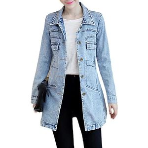 Lente Vrouwen Denim Jas Mode Plus Size Ripped Denim Lange Jas Katoen Slanke Lange Mouw Blauw Jas, Lichtblauw, 4XL