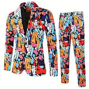 AMCOIN Herenpak met roze full-body print, trendy kostuumjas en formele zakelijke broek, Rose2, 5XL