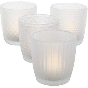 Boltze Marilu 2001879 Windlichtset, 4-delig, wit mat, decoratieve glazen voor kaarsen/theelichtjes, kaarsenstandaard ø 8 cm, verschillende patronen, vorm rond, theelichthouder)