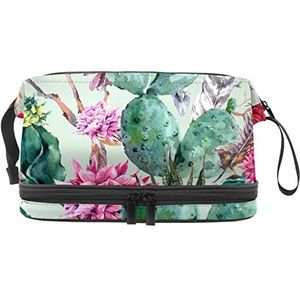 Dubbellaags Cosmetische Tas Cactus en Rode Orchidee Draagbare Make-up Tas Reizen Organizer Pouch Voor Vrouwen Meisjes Toiletries Tassen, Meerkleurig, 27x15x14 cm/10.6x5.9x5.5 in, Make-up zakje