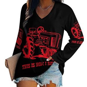 Rode Tractor Nieuwigheid Vrouwen Blouse Tops V-hals Tshirt Voor Legging Lange Mouw Casual Trui