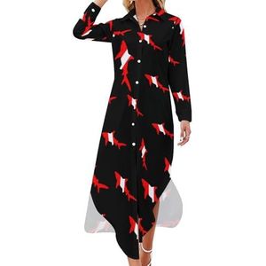 Shark Diver Scuba Maxi-jurk voor dames, lange mouwen, overhemd met knopen, casual feest, lange jurk, L