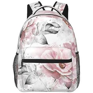 Roze Bloemen en Bladeren op Grijze Print Rugzak Grote Capaciteit Laptop Tas Voor Vrouwen en Mannen Casual Rugzak Voor Reizen Kantoor, Zwart, One Size